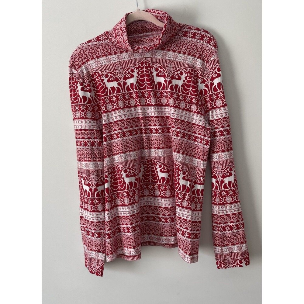 Talbots Womens Red White Fair Isle Reindeer Turtleneck T-Shirt Size XL Holiday